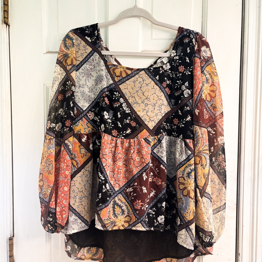 American Eagle Outfitters Colorful Asymmetrical Long Sleeve Blouse